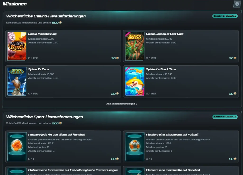 Spinational Casino Missionen mit wöchentlichen Casino und Sport Herausforderungen sowie Bonus Coins Belohnungen