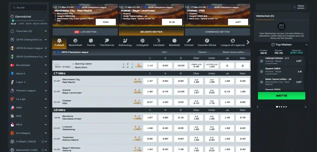 Spinational Casino Sportwetten Bereich mit Live Wetten Übersicht und aktuellen Quoten für Fußball und andere Sportarten